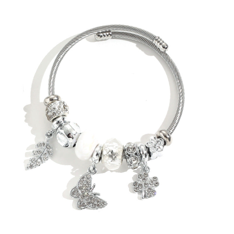 Wholesale Four Leaf Clover Diamond Cygnet Butterfly Stainless Steel Beaded Bracelet